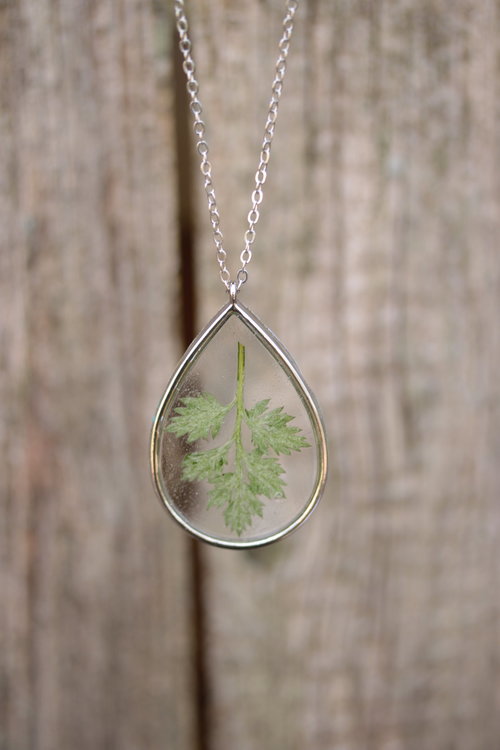 Mugwort Leaf Suspended in Teardrop Shaped Resin Pendant