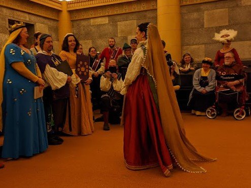 EXAMPLE OF A SIMPLE VEIL: Dyed veil for late 16th century Florentine ensemble, to match historical descriptions of veils dyed in a "golden color" and using historical recipes.