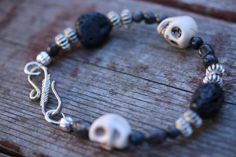 Bracelet with Skulls, Lava Rock, Labradorite and Metal 