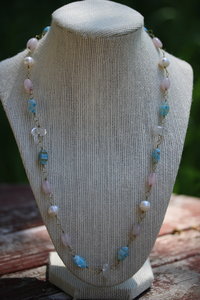 Ancient Roman TRANS PRIDE Necklace with Millefiori Glass, Pearls, Rose Quartz, and Rock Crystal