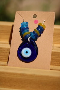 Evil Eye Pendant with Ghanaian Recycled Glass Beads on Black Hemp Cord