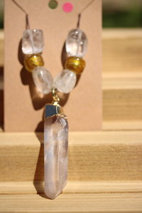 Clear Quartz Pendant with Quartz and Gold Foiled Glass Beads