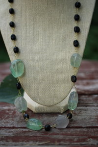 Hefty Fluorite and Onyx Beaded Chain Necklace for Healing, Protection, and Mental Strength
