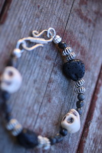 Bracelet with Skulls, Lava Rock, Labradorite and Metal 