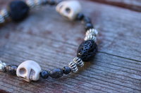 Bracelet with Skulls, Lava Rock, Labradorite and Metal 
