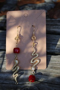 Golden Snakes and Spirals with Coral Apples Up and Down Earrings