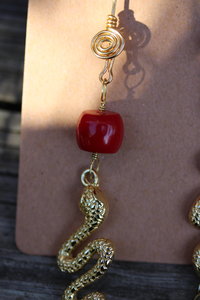 Golden Snakes and Spirals with Coral Apples Up and Down Earrings