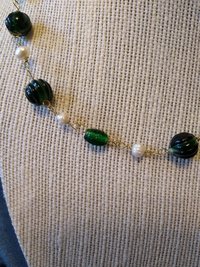 Emerald Green Glass and White Pearl Ancient Roman Inspired Beaded Loop Chain Necklace Medieval Victorian SCA Christmas Holiday