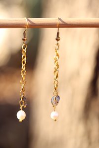 Elegant Fluorite and Pearl Chain Drop Earrings - Inspired by Roman and Byzantine Jewelry - Modern Witchy Vibes