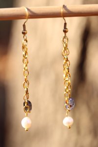 Elegant Fluorite and Pearl Chain Drop Earrings - Inspired by Roman and Byzantine Jewelry - Modern Witchy Vibes