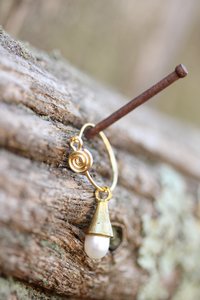 Spiral Hoop Earrings w/ Pearl and Brass Cone Dangles - Historically Inspired