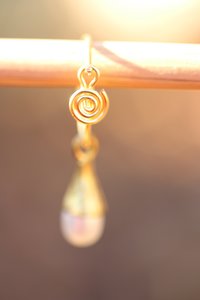 Spiral Hoop Earrings w/ Pearl and Brass Cone Dangles - Historically Inspired