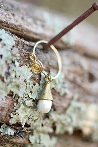 Spiral Hoop Earrings w/ Pearl and Brass Cone Dangles - Historically Inspired