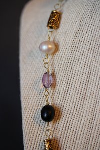 Non-Binary PRIDE x Ancient Roman Style Necklace with Golden Brass, White Pearl, Amethyst, and Black Stone Beads Enby Nonbinary SCA LARP