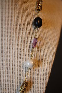 Non-Binary PRIDE x Ancient Roman Style Necklace with Golden Brass, White Pearl, Amethyst, and Black Stone Beads Enby Nonbinary SCA LARP
