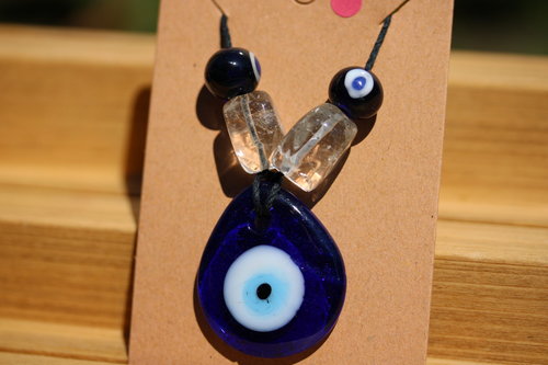 Clear Quartz Glass Evil Eye Protection Pendant and Beads on Black Hemp Cord