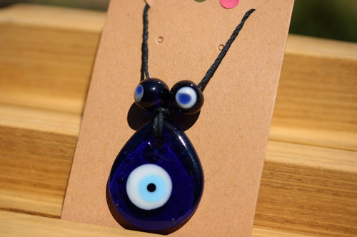 Glass Evil Eye Protection Pendant and Beads on Black Hemp Cord