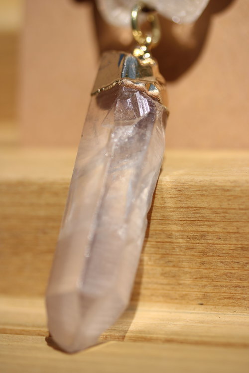 Clear Quartz Pendant with Quartz and Gold Foiled Glass Beads