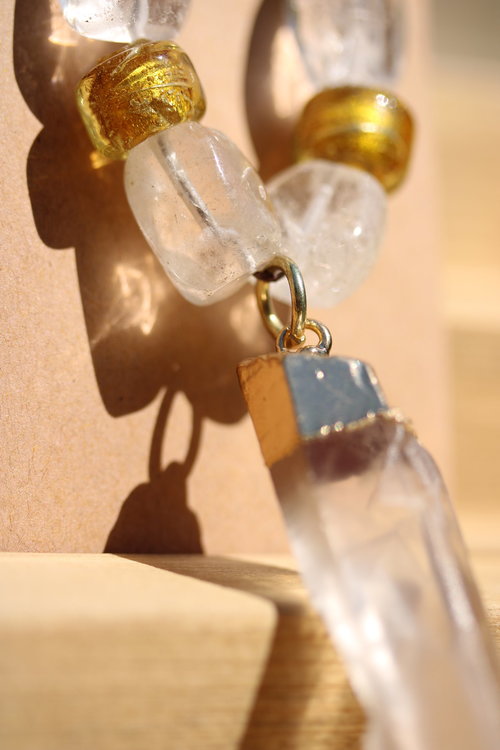 Clear Quartz Pendant with Quartz and Gold Foiled Glass Beads