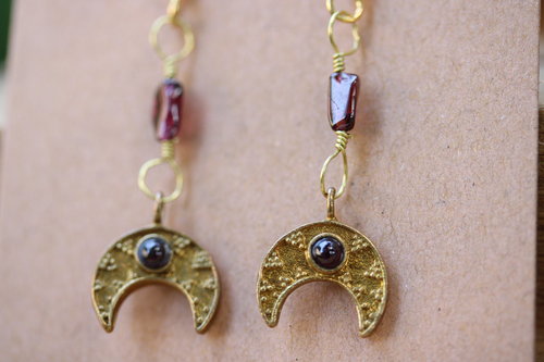 Blood Moon Deluxe Garnet Lunula Crescent Moon Earrings