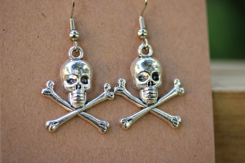 Silver Color or Antique Brass Poison Pirate Skull and Crossbones  Earrings