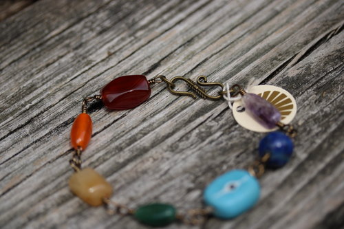 Rainbow Gem Glass and Evil Eye Bracelet or Anklet on Handmade Chain