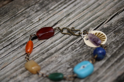 Rainbow Gem Glass and Evil Eye Bracelet or Anklet on Handmade Chain