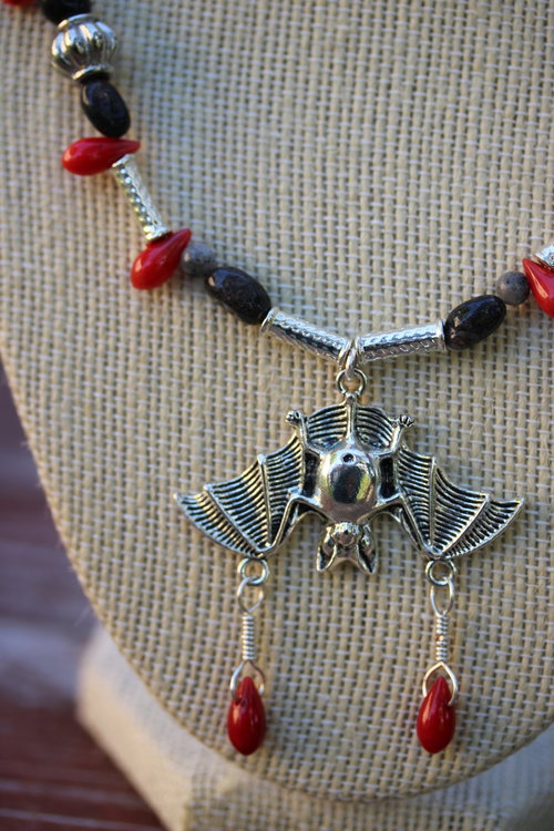 "Bat Blood" Metal, Coral, and Labradorite Necklace with Magnetic Clasp