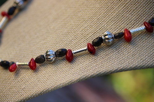 "Bat Blood" Metal, Coral, and Labradorite Necklace with Magnetic Clasp