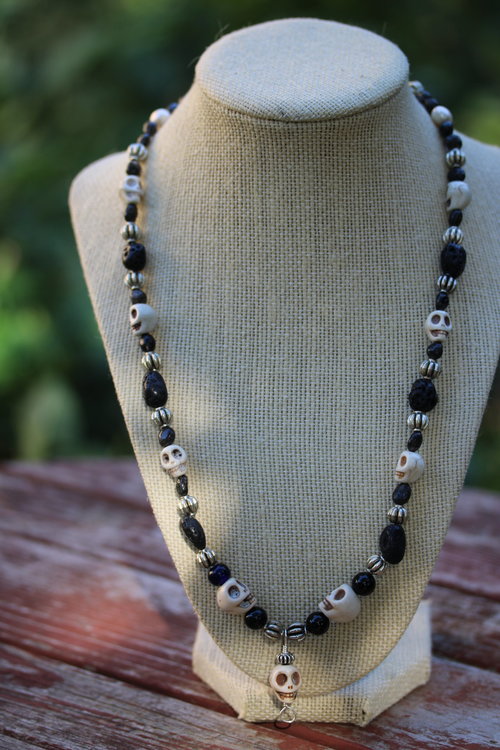 Nine Skulls Necklace with Labradorite, Lava Rock, Pearl, and Metal