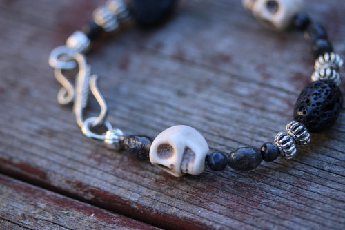 Bracelet with Skulls, Lava Rock, Labradorite and Metal 