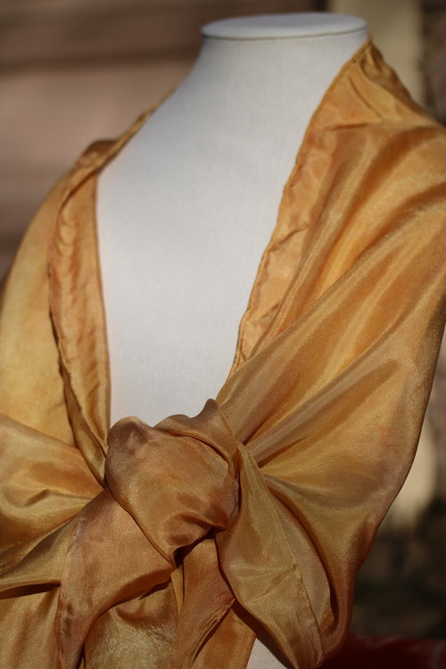 Orange-Gold Naturally Dyed Subtle Leaves Stitched Resist Silk Scarf