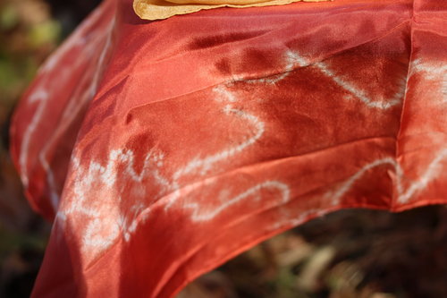 Red Oak-Leaves Naturally Dyed Square Silk Shawl/Altar Cloth/Tarot Mat/Table Cloth