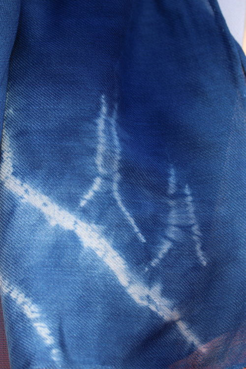 Indigo Ombre Tree-forms Stitched Resist Silk-Wool Blend Scarf