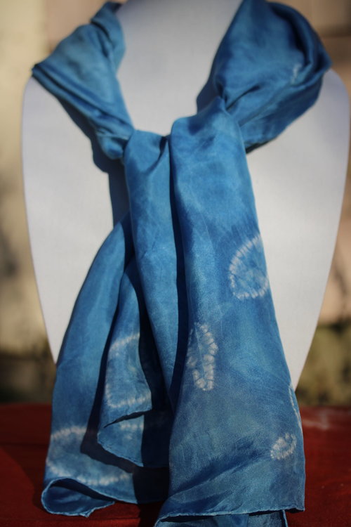 Indigo Falling Leaves Stitched Resist Silk-Wool Blend Scarf