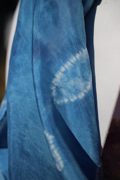 Indigo Falling Leaves Stitched Resist Silk-Wool Blend Scarf