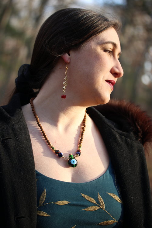 Golden Snakes and Spirals with Coral Apples Up and Down Earrings