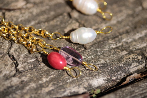 Coral Pearl and Amethyst Byzantine Style Earrings