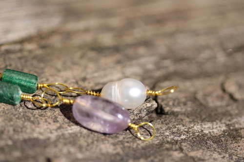 Byzantine Style Earrings With Pearl, Amethyst, and Emerald Green Aventurine