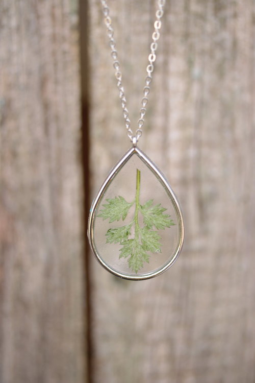 Mugwort Leaf Suspended in Teardrop Shaped Resin Pendant