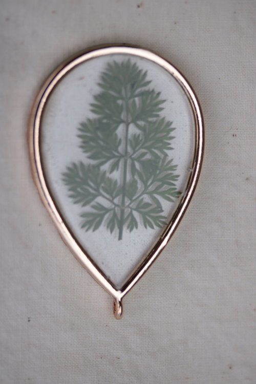 Mugwort Leaf Suspended in Teardrop Shaped Resin Pendant