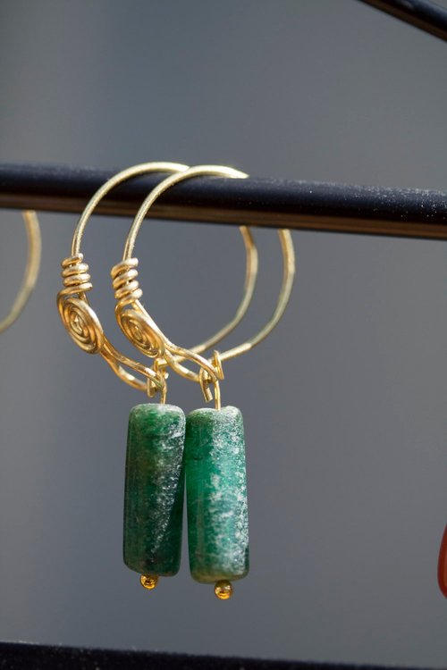 Imperial Roman or Byzantine Emerald Green Aventurine and Brass Hoop Earrings