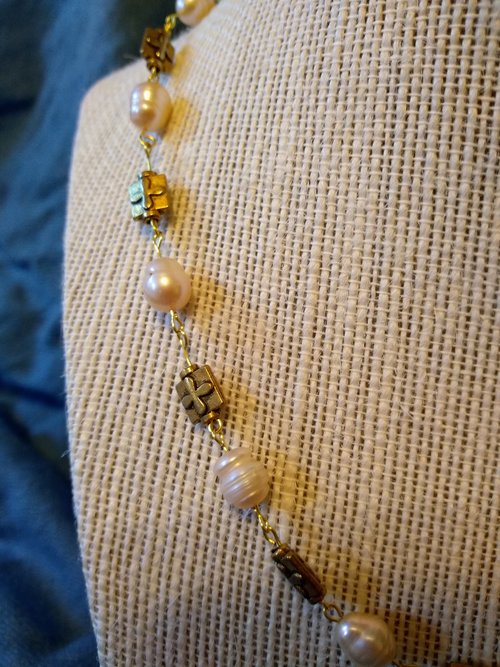 Ancient Imperial Roman Brass and Freshwater Pearl Necklace Byzantine Style w Magnetic Clasp
