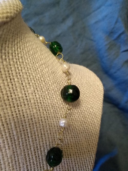 Emerald Green Glass and White Pearl Ancient Roman Inspired Beaded Loop Chain Necklace Medieval Victorian SCA Christmas Holiday