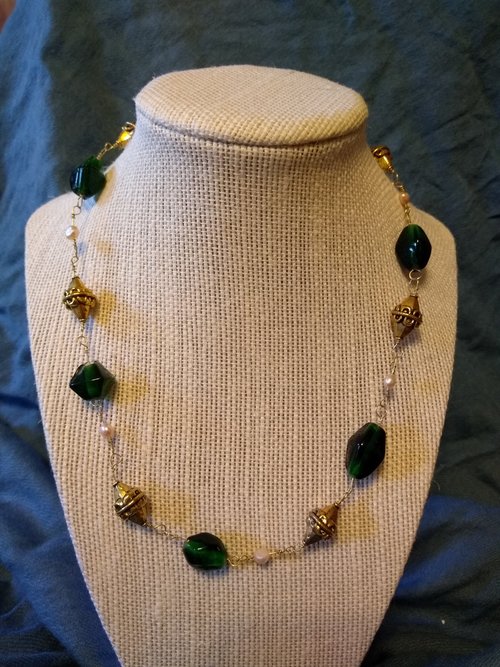 Emerald Green Glass, Brass, and Pearl Ancient Imperial Roman Byzantine Necklace SCA