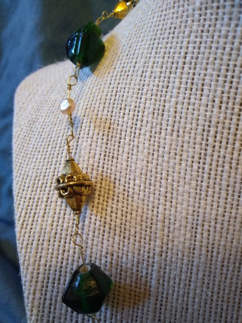 Emerald Green Glass, Brass, and Pearl Ancient Imperial Roman Byzantine Necklace SCA