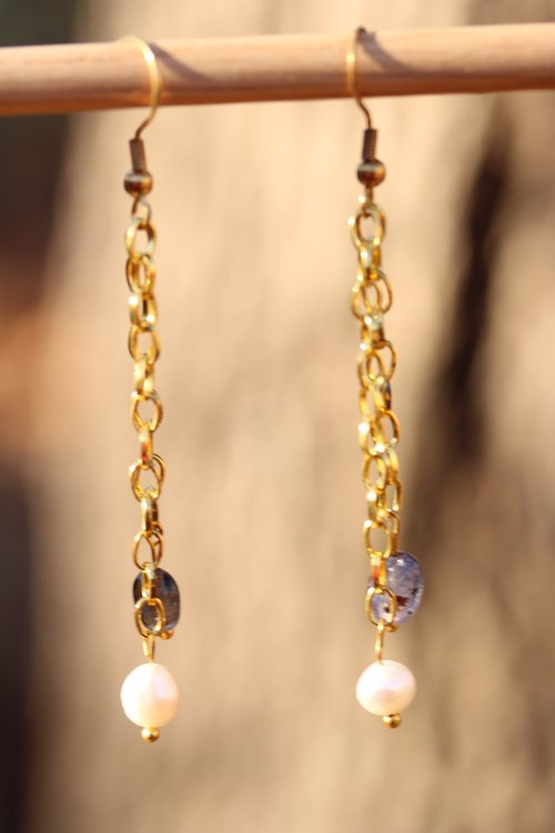 Elegant Fluorite and Pearl Chain Drop Earrings - Inspired by Roman and Byzantine Jewelry - Modern Witchy Vibes
