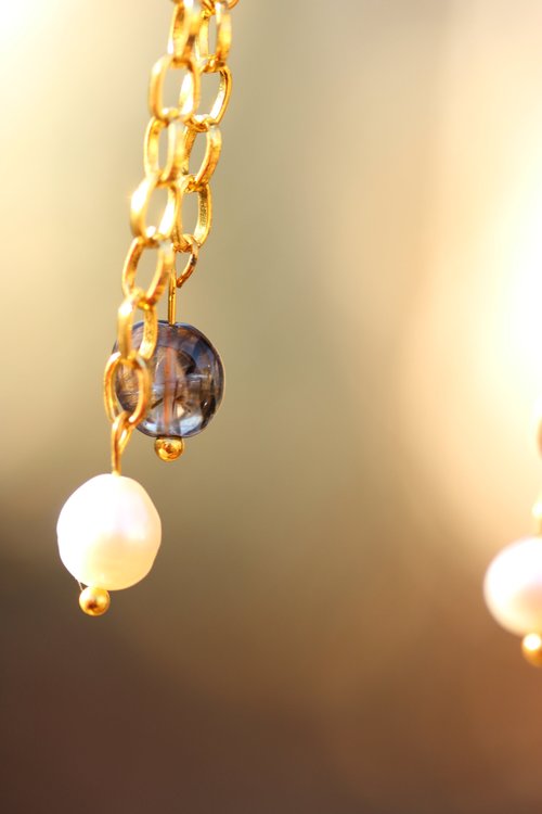 Elegant Fluorite and Pearl Chain Drop Earrings - Inspired by Roman and Byzantine Jewelry - Modern Witchy Vibes