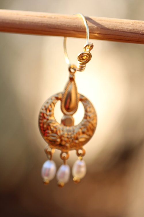 Spiral Hoop Pearl Dangle Ancient Imperial Roman Inspired Swingy Chandelier Earrings 