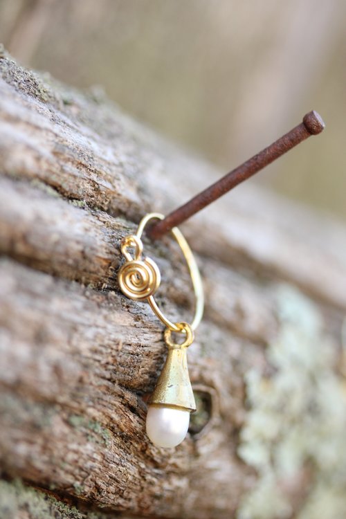 Spiral Hoop Earrings w/ Pearl and Brass Cone Dangles - Historically Inspired